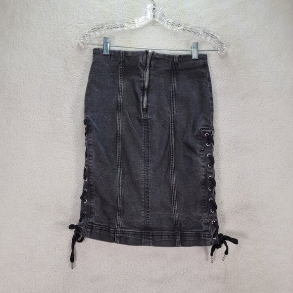 Free People Charcoal Black Denim Stretch Lace Up Slim Grunge Slim Pencil Skirt - Picture 12 of 15
